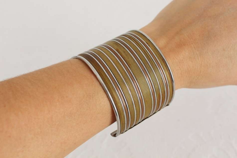 VINTAGE BRASS SILVER TONE WIDE CUFF BANGLE BRACELET