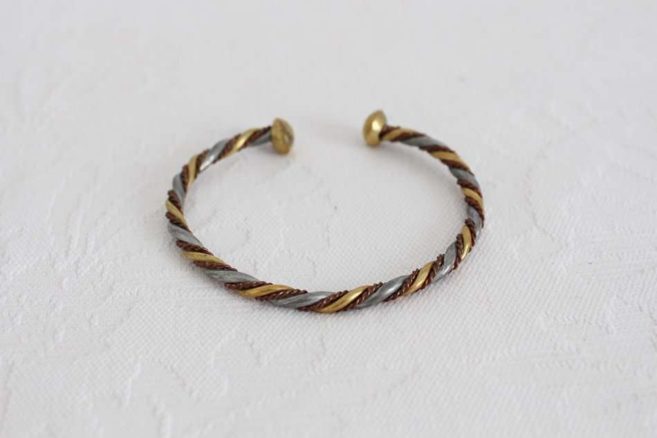 VINTAGE TWISTED BRASS COPPER SILVER TONE WIRE CUFF BRACELET