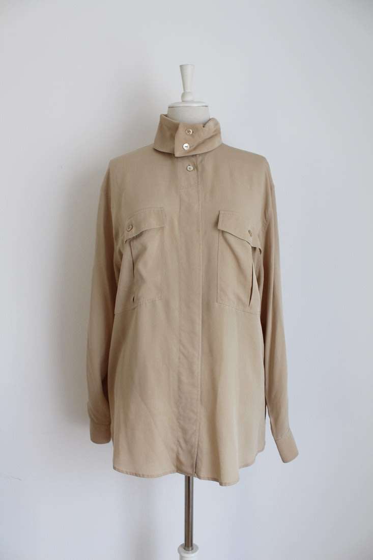 *OTTO KERN* VINTAGE DESIGNER SILK BEIGE POLO NECK BLOUSE SHIRT - SIZE 16