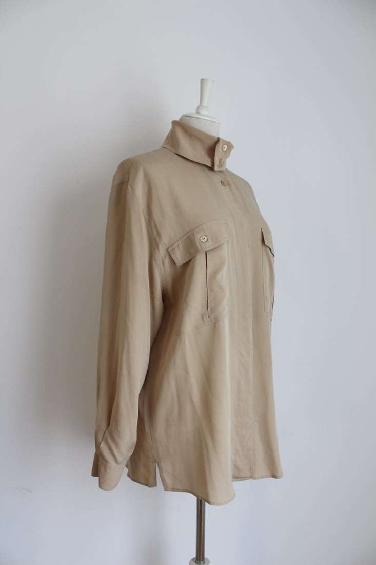 *OTTO KERN* VINTAGE DESIGNER SILK BEIGE POLO NECK BLOUSE SHIRT - SIZE 16