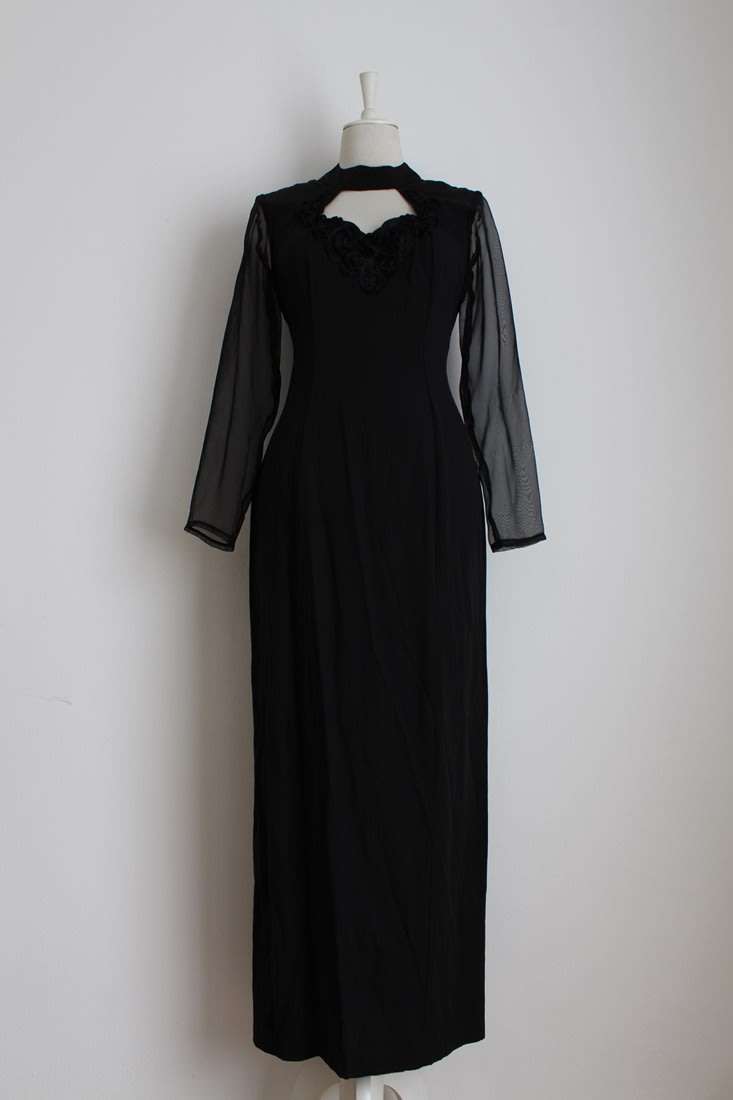 VINTAGE BLACK SHEER LONG SLEEVES MAXI COCKTAIL FORMAL DRESS - SIZE 10
