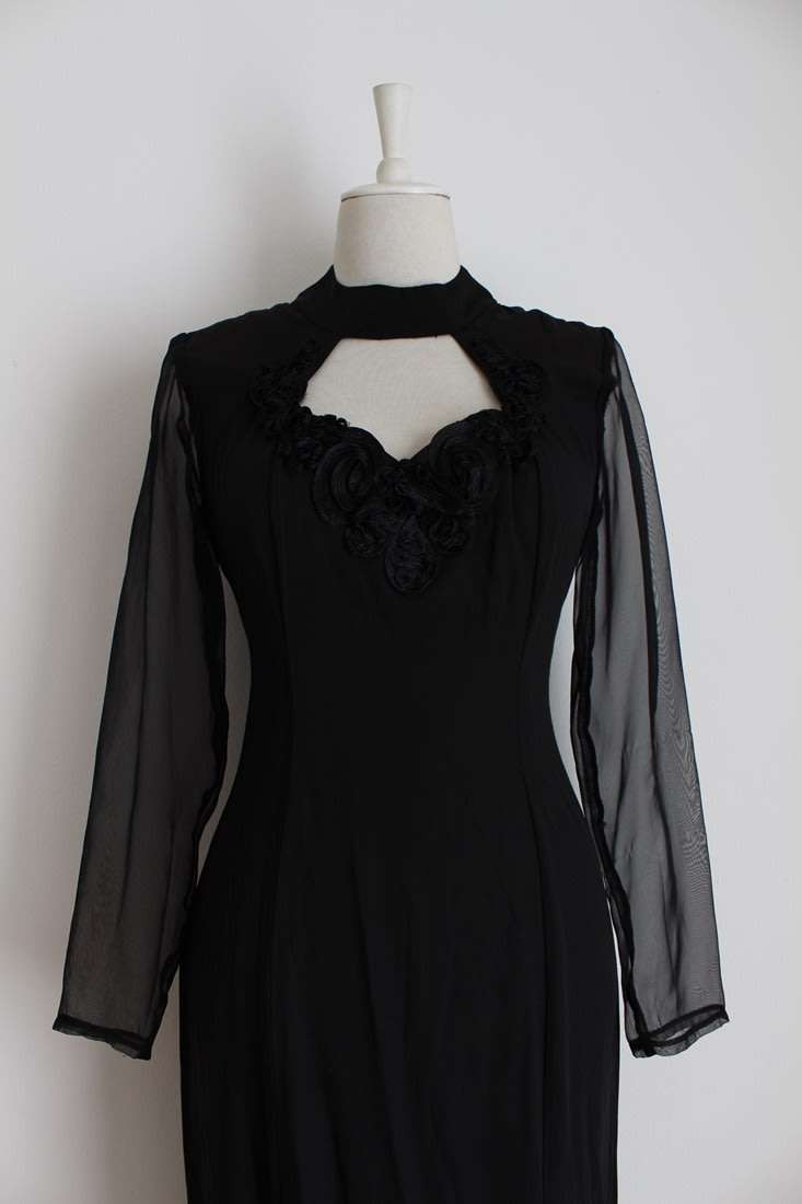 VINTAGE BLACK SHEER LONG SLEEVES MAXI COCKTAIL FORMAL DRESS - SIZE 10