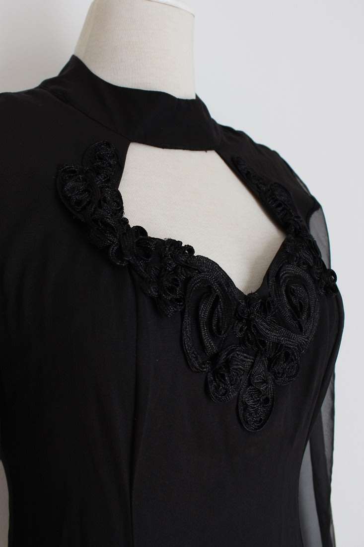 VINTAGE BLACK SHEER LONG SLEEVES MAXI COCKTAIL FORMAL DRESS - SIZE 10