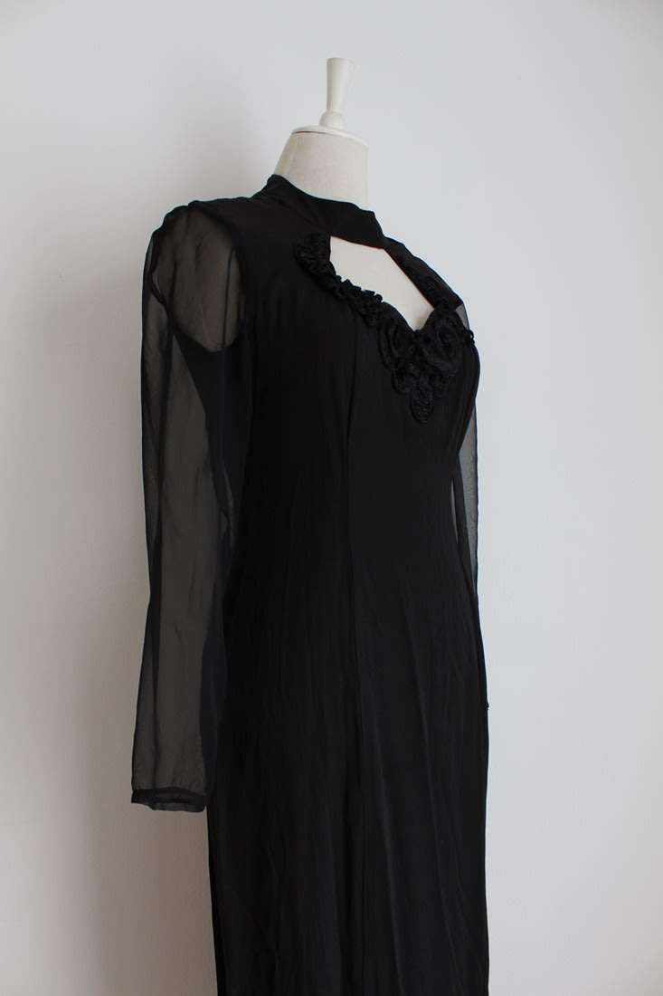 VINTAGE BLACK SHEER LONG SLEEVES MAXI COCKTAIL FORMAL DRESS - SIZE 10