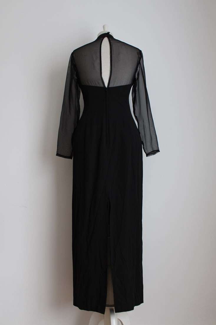 VINTAGE BLACK SHEER LONG SLEEVES MAXI COCKTAIL FORMAL DRESS - SIZE 10
