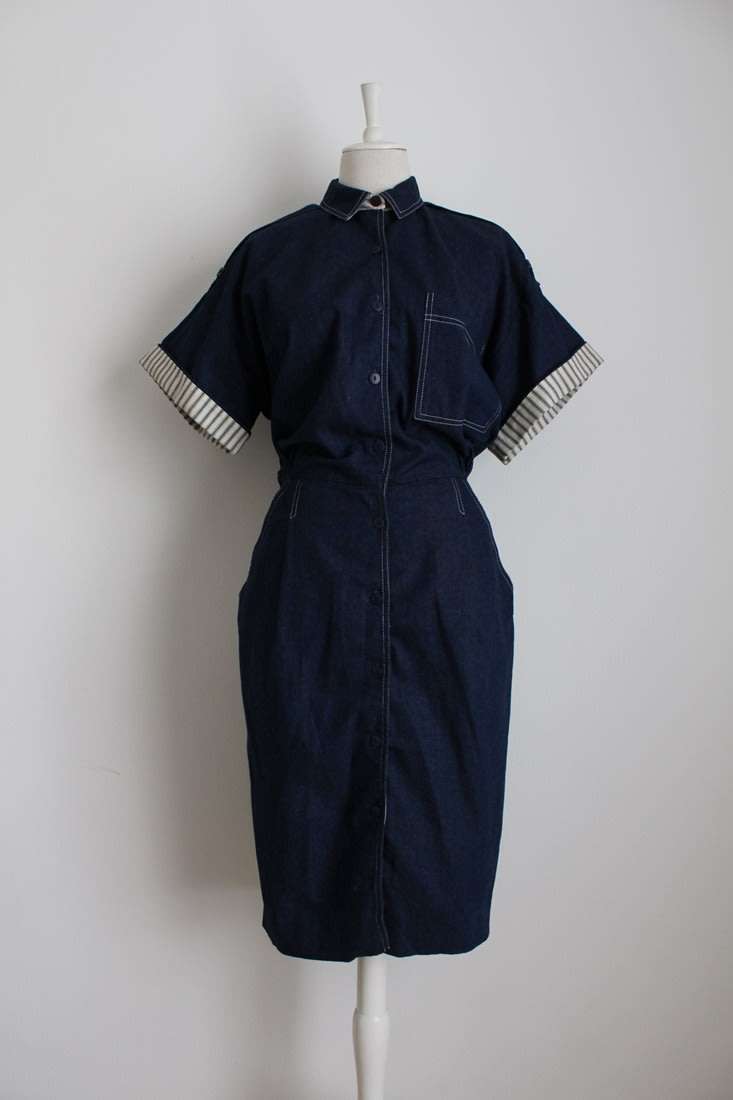 VINTAGE DARK BLUE DENIM JEAN BUTTON DOWN SHIRT DRESS - SIZE 12