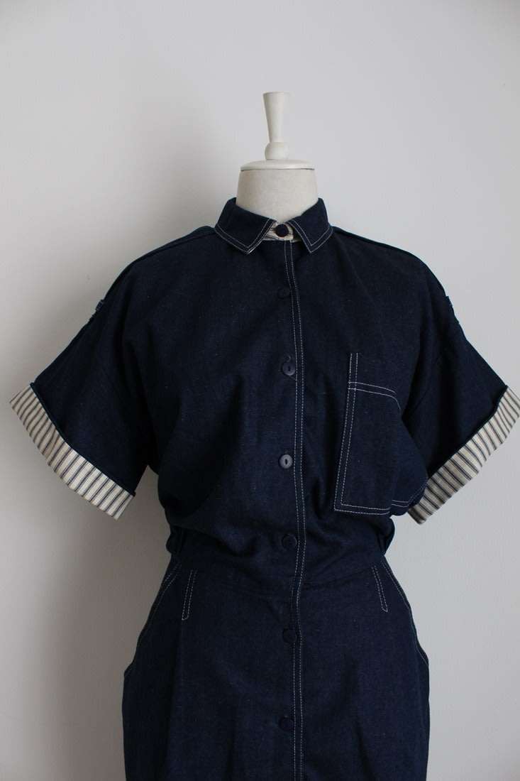 VINTAGE DARK BLUE DENIM JEAN BUTTON DOWN SHIRT DRESS - SIZE 12
