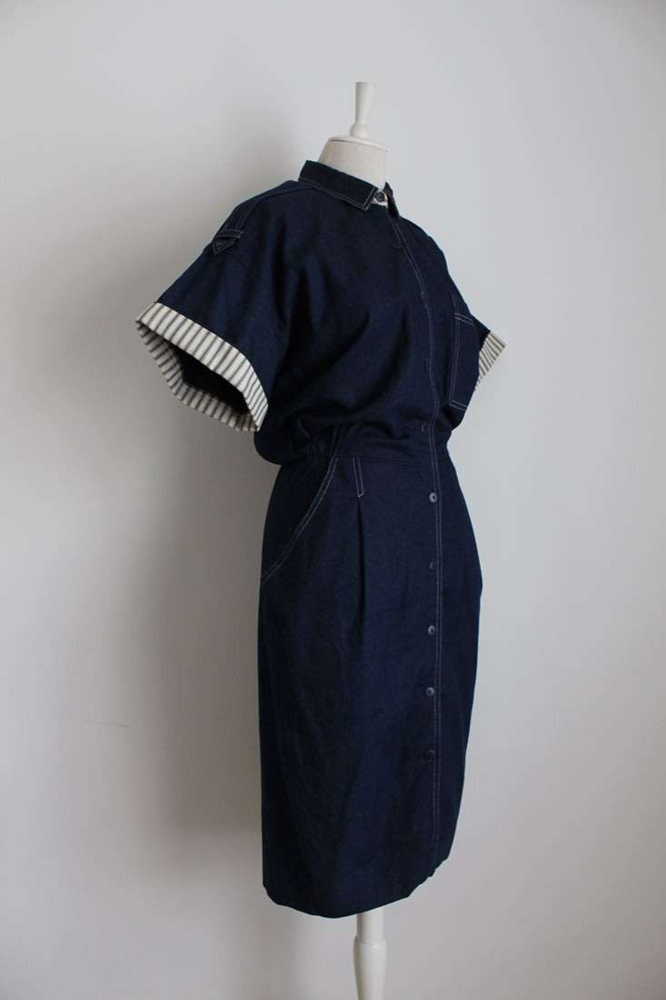 VINTAGE DARK BLUE DENIM JEAN BUTTON DOWN SHIRT DRESS - SIZE 12