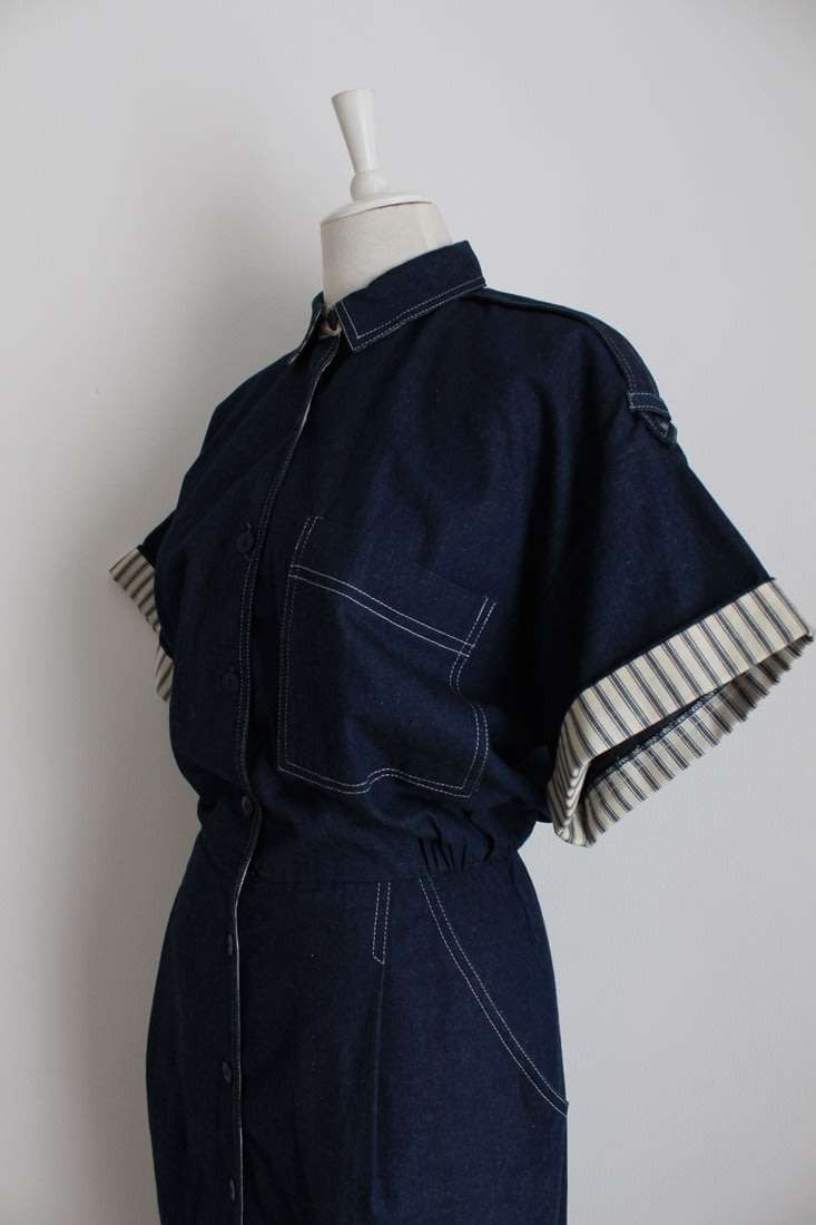 VINTAGE DARK BLUE DENIM JEAN BUTTON DOWN SHIRT DRESS - SIZE 12
