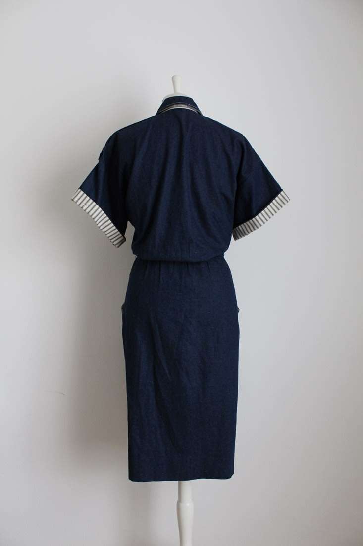 VINTAGE DARK BLUE DENIM JEAN BUTTON DOWN SHIRT DRESS - SIZE 12