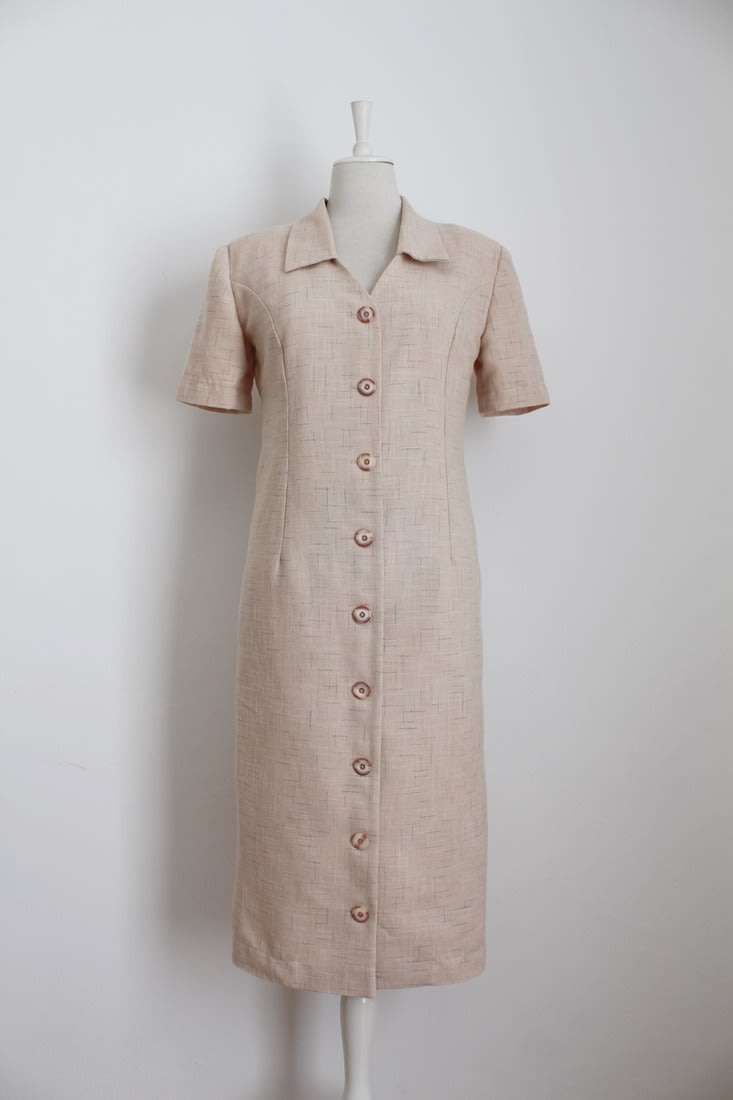 VINTAGE BEIGE BUTTON DOWN MIDI DAY DRESS - SIZE 10