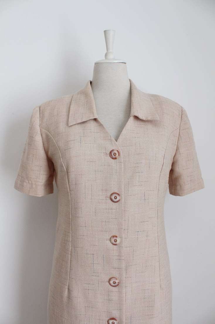 VINTAGE BEIGE BUTTON DOWN MIDI DAY DRESS - SIZE 10