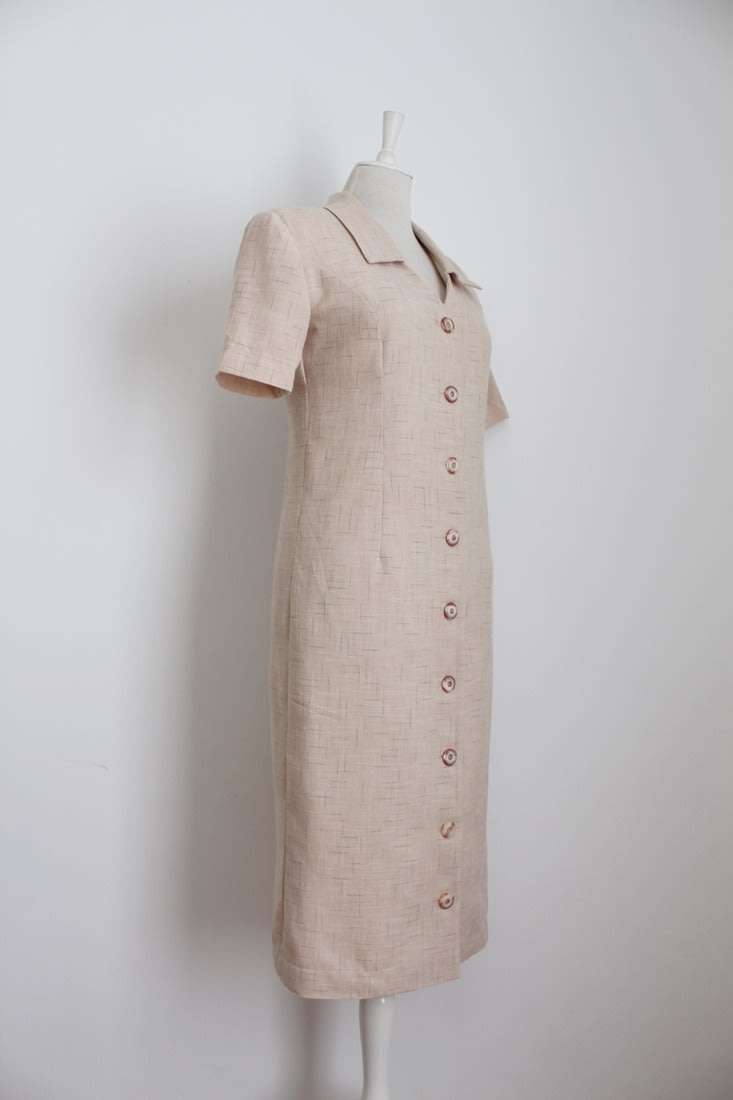 VINTAGE BEIGE BUTTON DOWN MIDI DAY DRESS - SIZE 10