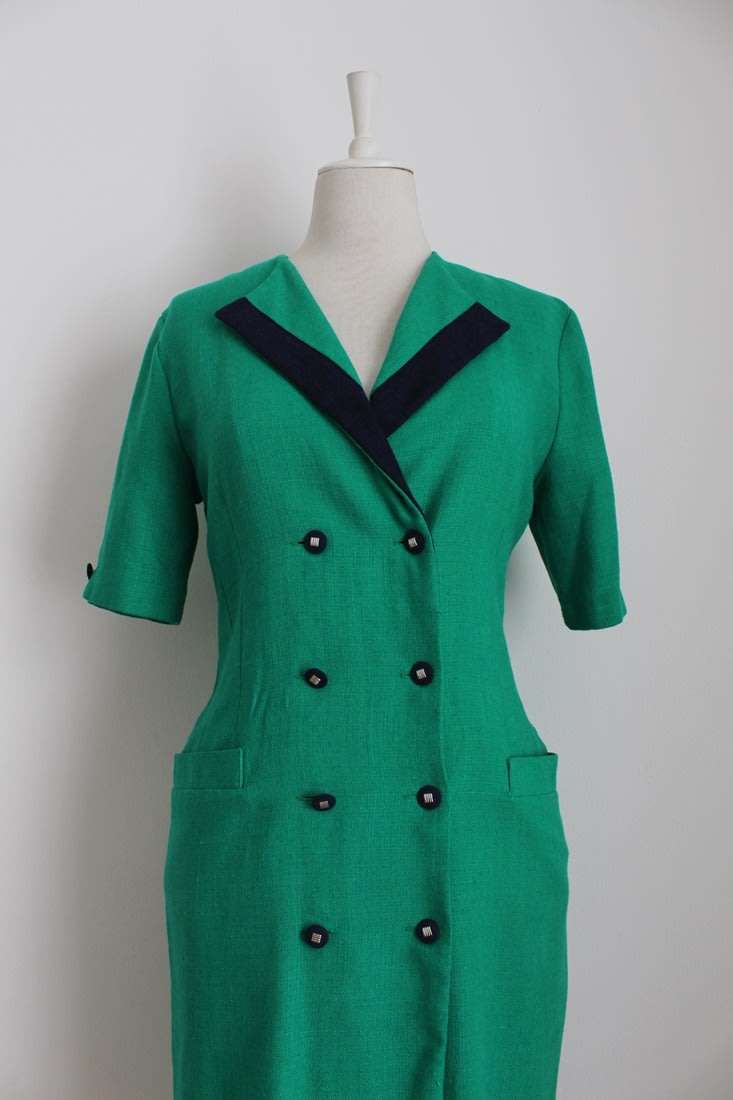 VINTAGE EMERALD GREEN NAVY DOUBLE BREASTED BUTTON DOWN DRESS - SIZE 10