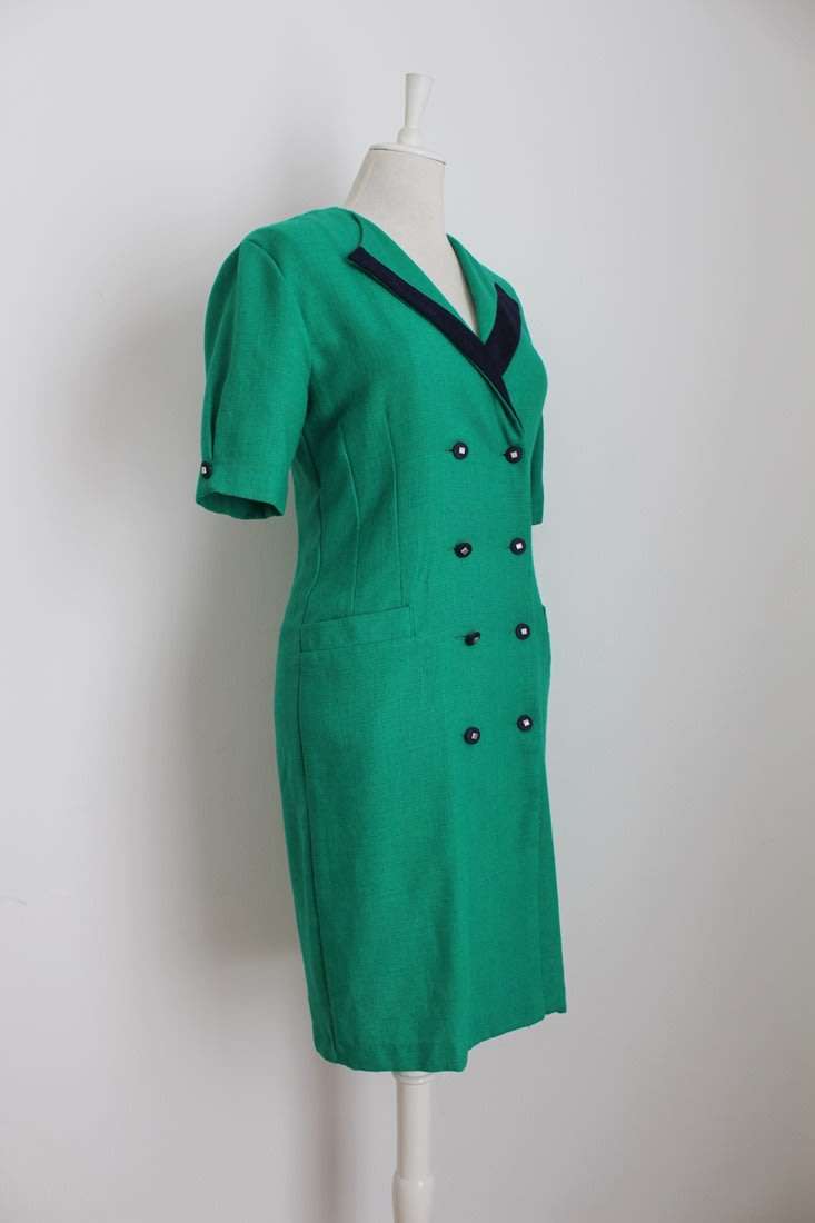 VINTAGE EMERALD GREEN NAVY DOUBLE BREASTED BUTTON DOWN DRESS - SIZE 10