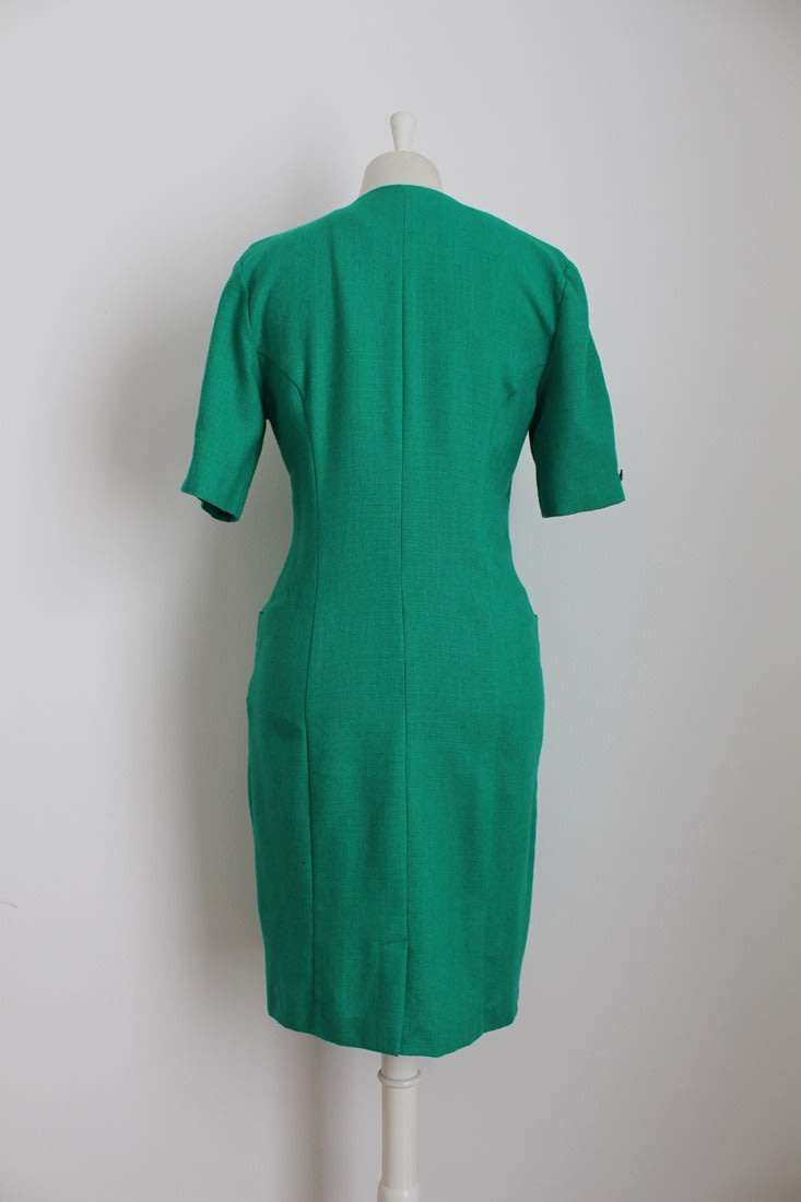 VINTAGE EMERALD GREEN NAVY DOUBLE BREASTED BUTTON DOWN DRESS - SIZE 10