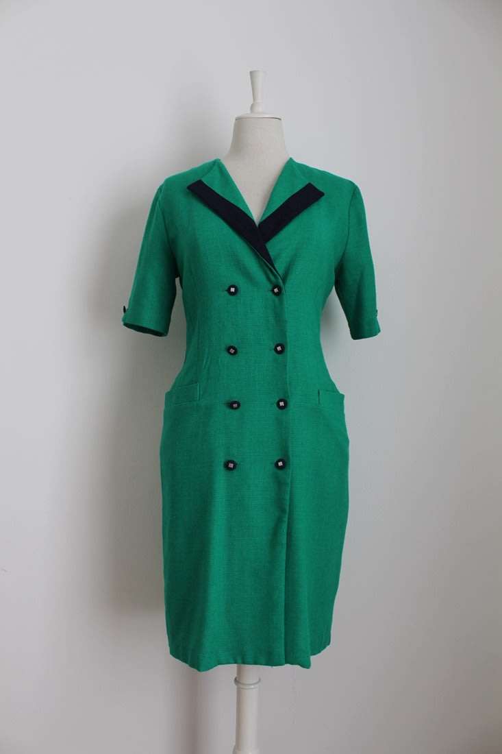 VINTAGE EMERALD GREEN NAVY DOUBLE BREASTED BUTTON DOWN DRESS - SIZE 10