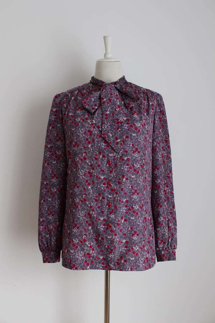 VINTAGE PUSSYBOW TIE NECK PURPLE FLORAL BLOUSE SHIRT TOP - SIZE 12