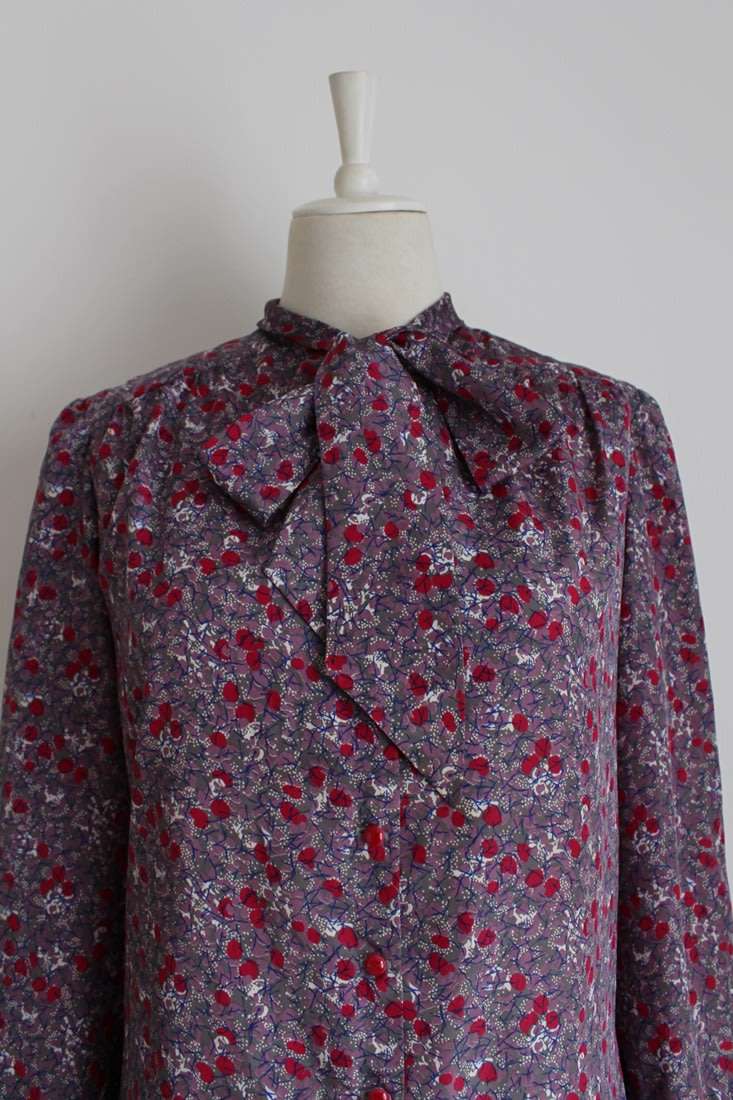 VINTAGE PUSSYBOW TIE NECK PURPLE FLORAL BLOUSE SHIRT TOP - SIZE 12