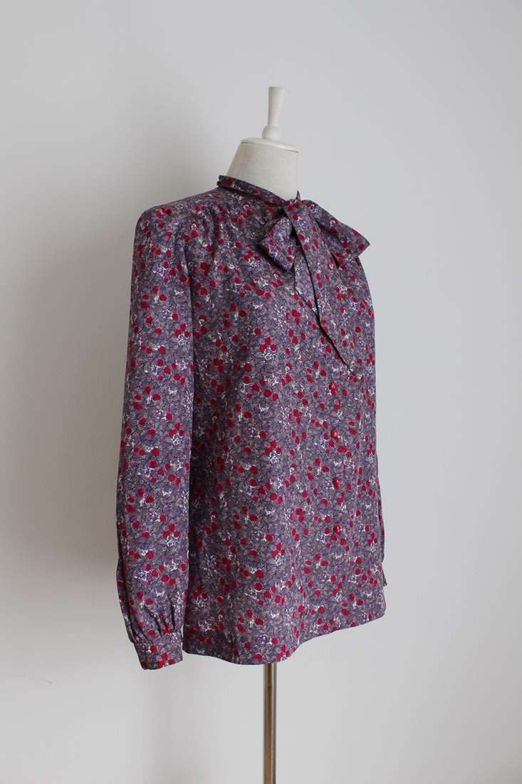 VINTAGE PUSSYBOW TIE NECK PURPLE FLORAL BLOUSE SHIRT TOP - SIZE 12