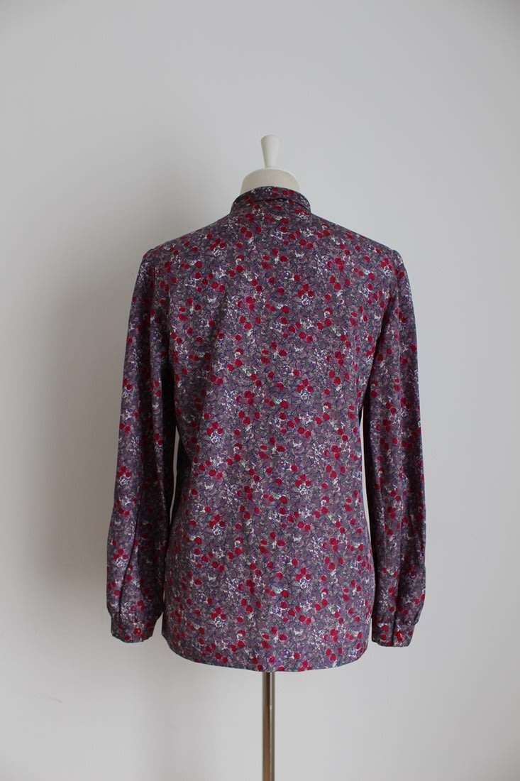 VINTAGE PUSSYBOW TIE NECK PURPLE FLORAL BLOUSE SHIRT TOP - SIZE 12