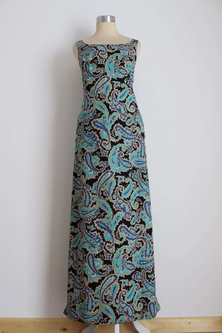 VINTAGE PAISLEY FLORAL PRINT BLUE SIDE BUTTONS MAXI DRESS - SIZE 8