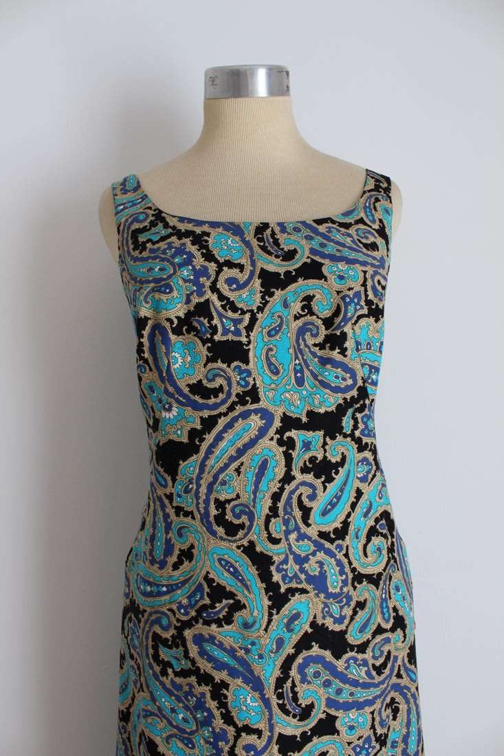 VINTAGE PAISLEY FLORAL PRINT BLUE SIDE BUTTONS MAXI DRESS - SIZE 8