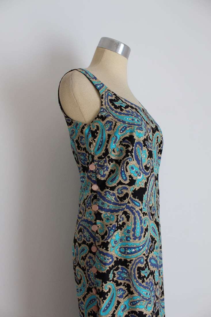 VINTAGE PAISLEY FLORAL PRINT BLUE SIDE BUTTONS MAXI DRESS - SIZE 8