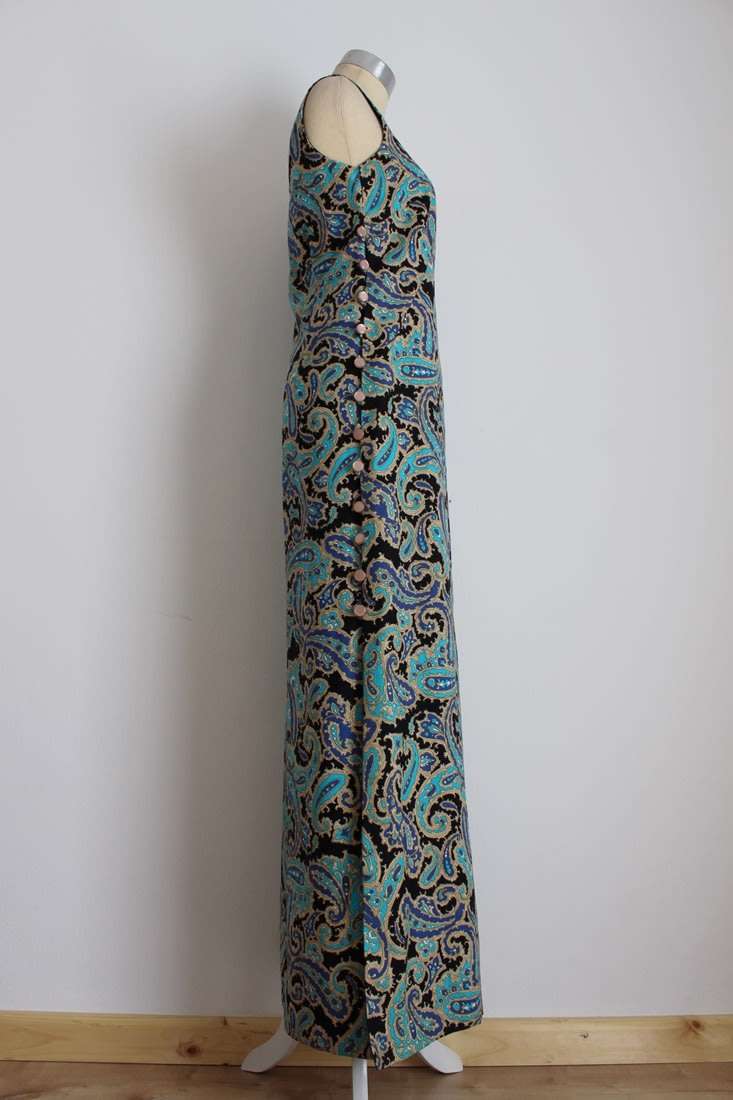 VINTAGE PAISLEY FLORAL PRINT BLUE SIDE BUTTONS MAXI DRESS - SIZE 8