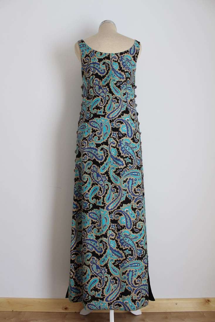 VINTAGE PAISLEY FLORAL PRINT BLUE SIDE BUTTONS MAXI DRESS - SIZE 8
