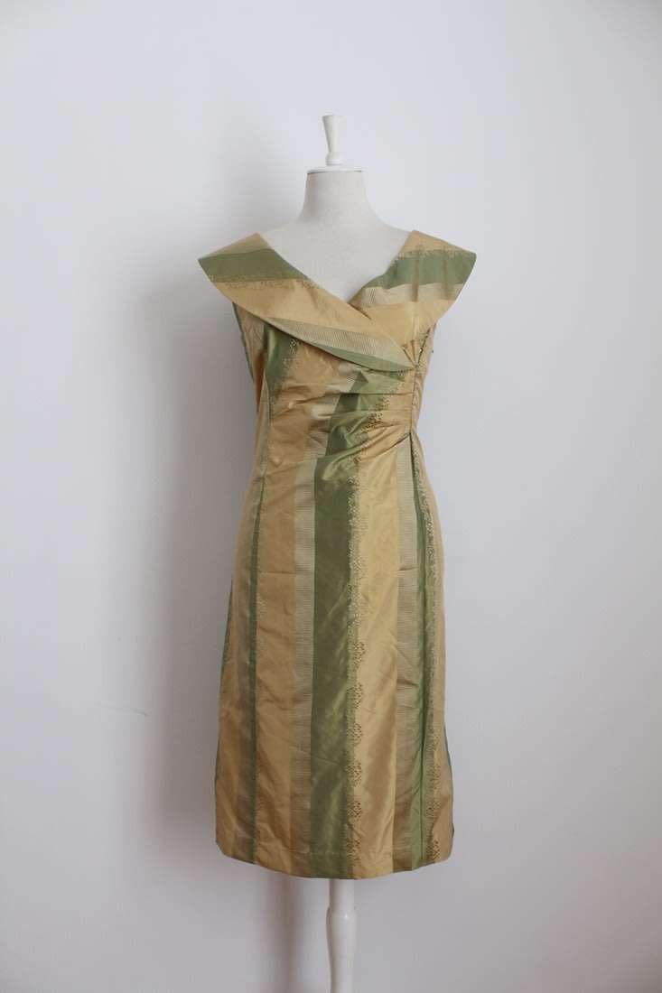 100% SILK VINTAGE GOLD GREEN STRIPED COCKTAIL FORMAL DRESS - SIZE 16