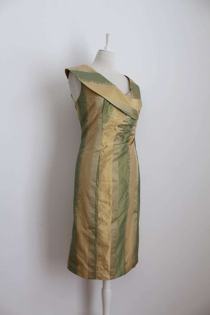 100% SILK VINTAGE GOLD GREEN STRIPED COCKTAIL FORMAL DRESS - SIZE 16