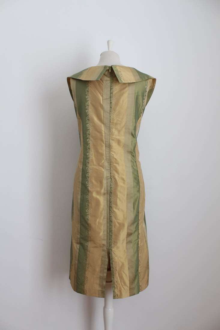 100% SILK VINTAGE GOLD GREEN STRIPED COCKTAIL FORMAL DRESS - SIZE 16