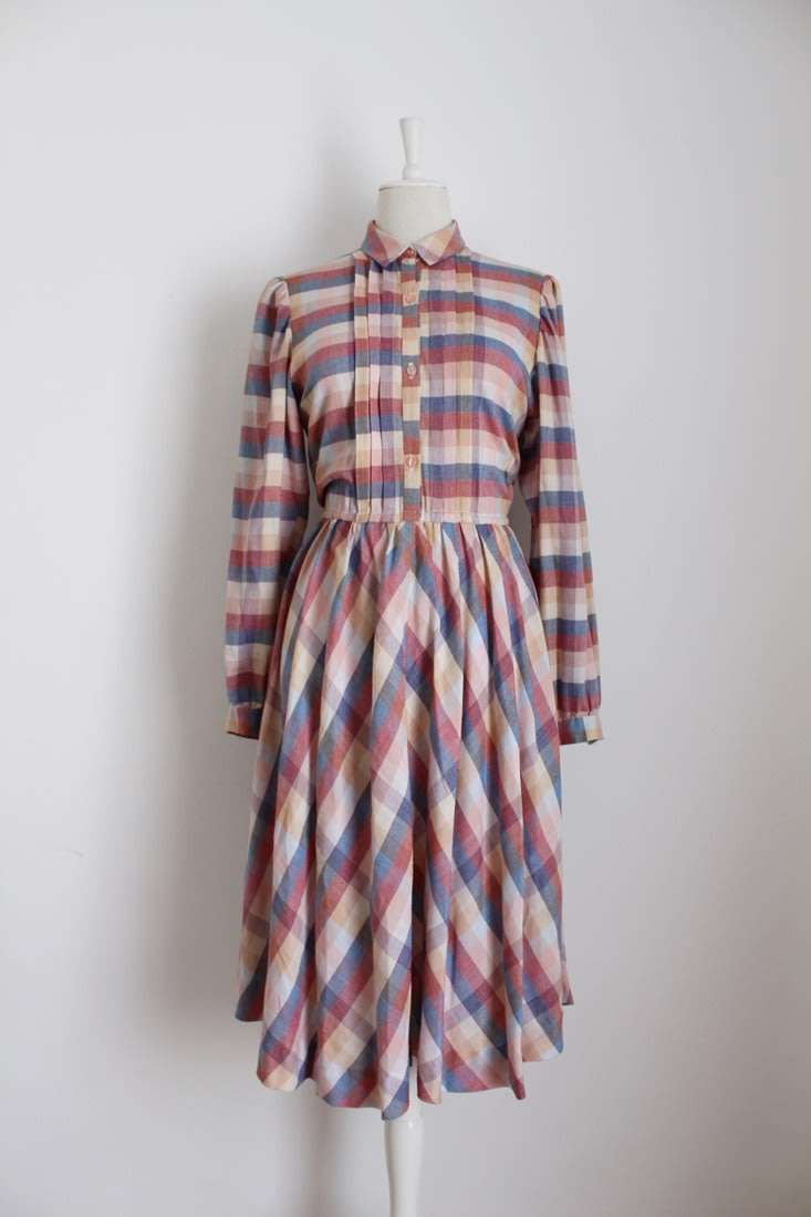 VINTAGE PLAID FLANNEL STRIPED LONG SLEEVE DAY DRESS - SIZE 14
