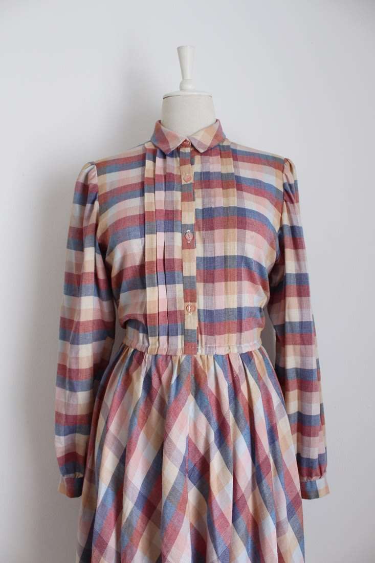 VINTAGE PLAID FLANNEL STRIPED LONG SLEEVE DAY DRESS - SIZE 14