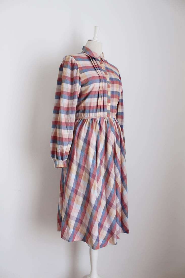 VINTAGE PLAID FLANNEL STRIPED LONG SLEEVE DAY DRESS - SIZE 14