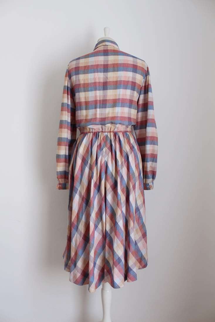 VINTAGE PLAID FLANNEL STRIPED LONG SLEEVE DAY DRESS - SIZE 14