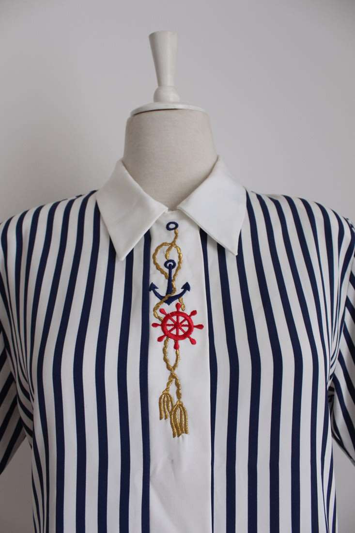 VINTAGE NAUTICAL STRIPE NAVY WHITE SHIRT TOP BLOUSE - SIZE 12