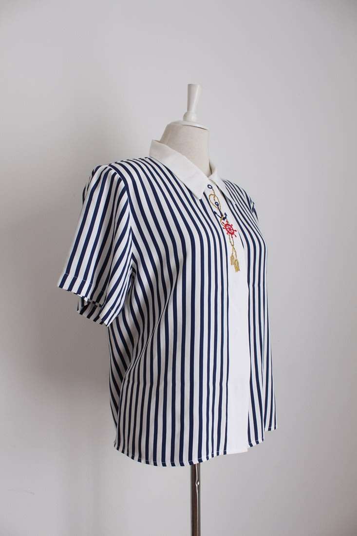 VINTAGE NAUTICAL STRIPE NAVY WHITE SHIRT TOP BLOUSE - SIZE 12