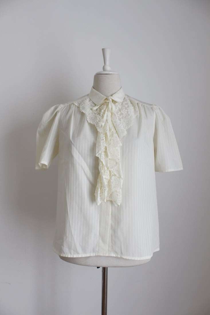 VINTAGE CREAM STRIPE LACE RUFFLE BLOUSE SHIRT TOP - SIZE 12