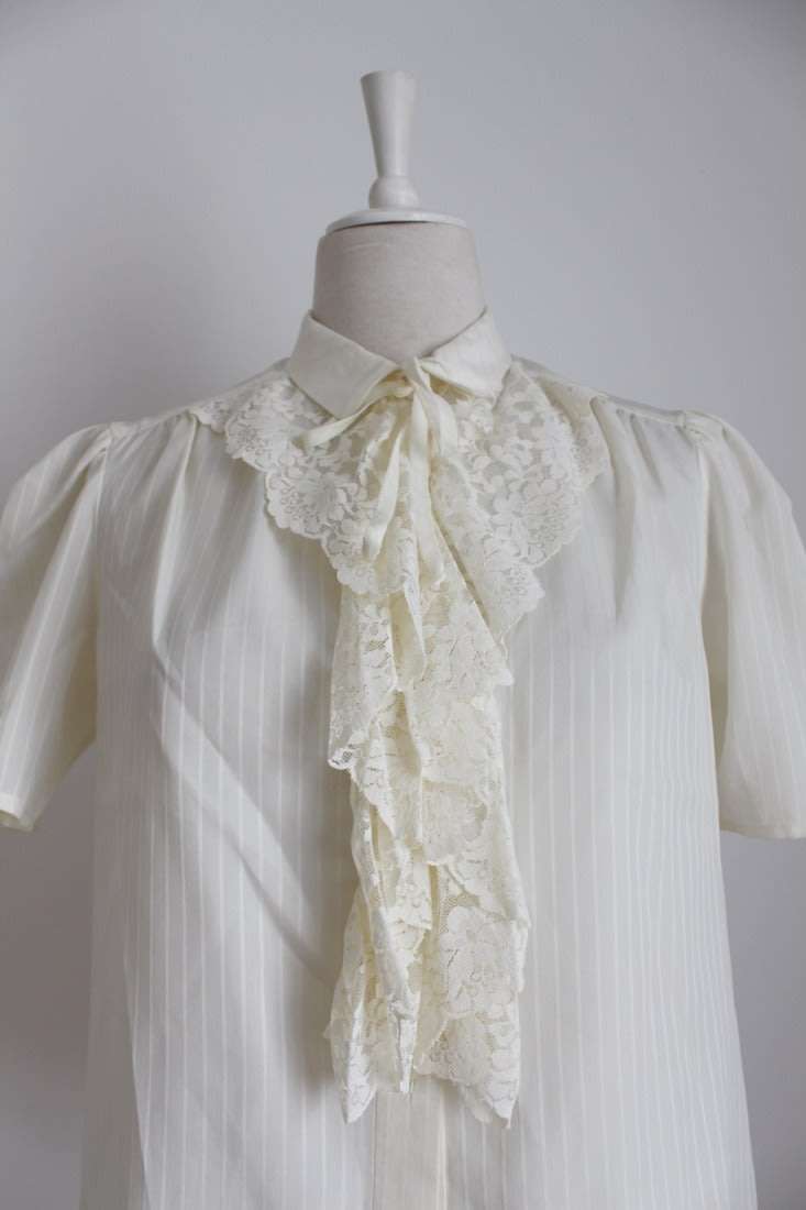 VINTAGE CREAM STRIPE LACE RUFFLE BLOUSE SHIRT TOP - SIZE 12