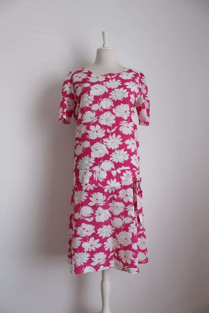 VINTAGE WHITE PINK FLORAL PRINT DROP WAIST DAY DRESS - SIZE 12