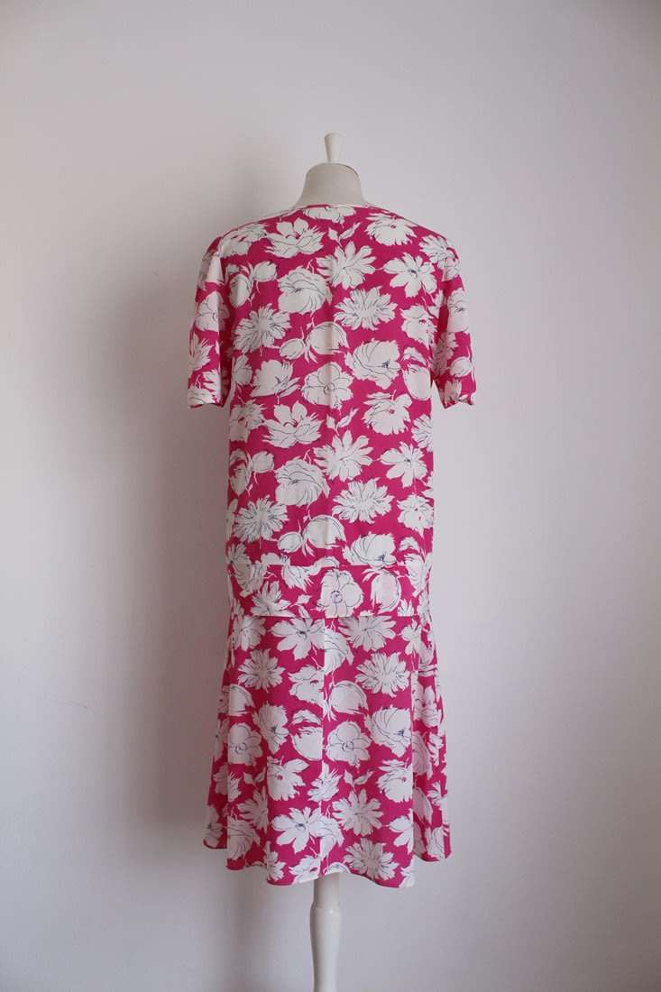 VINTAGE WHITE PINK FLORAL PRINT DROP WAIST DAY DRESS - SIZE 12