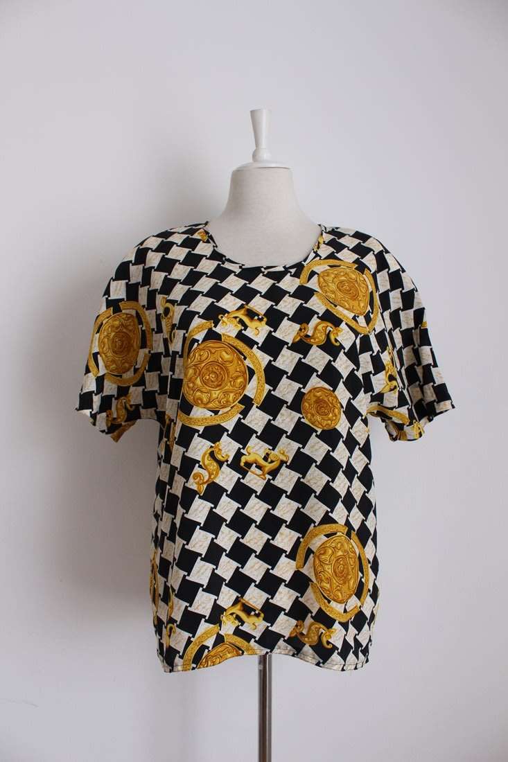 VINTAGE CHECKERED BLACK WHITE GOLD SHIRT TOP BLOUSE - SIZE 14