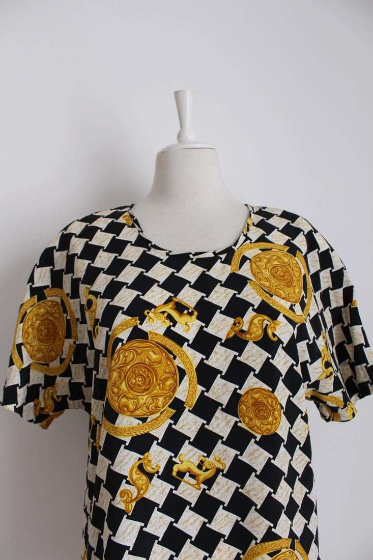 VINTAGE CHECKERED BLACK WHITE GOLD SHIRT TOP BLOUSE - SIZE 14