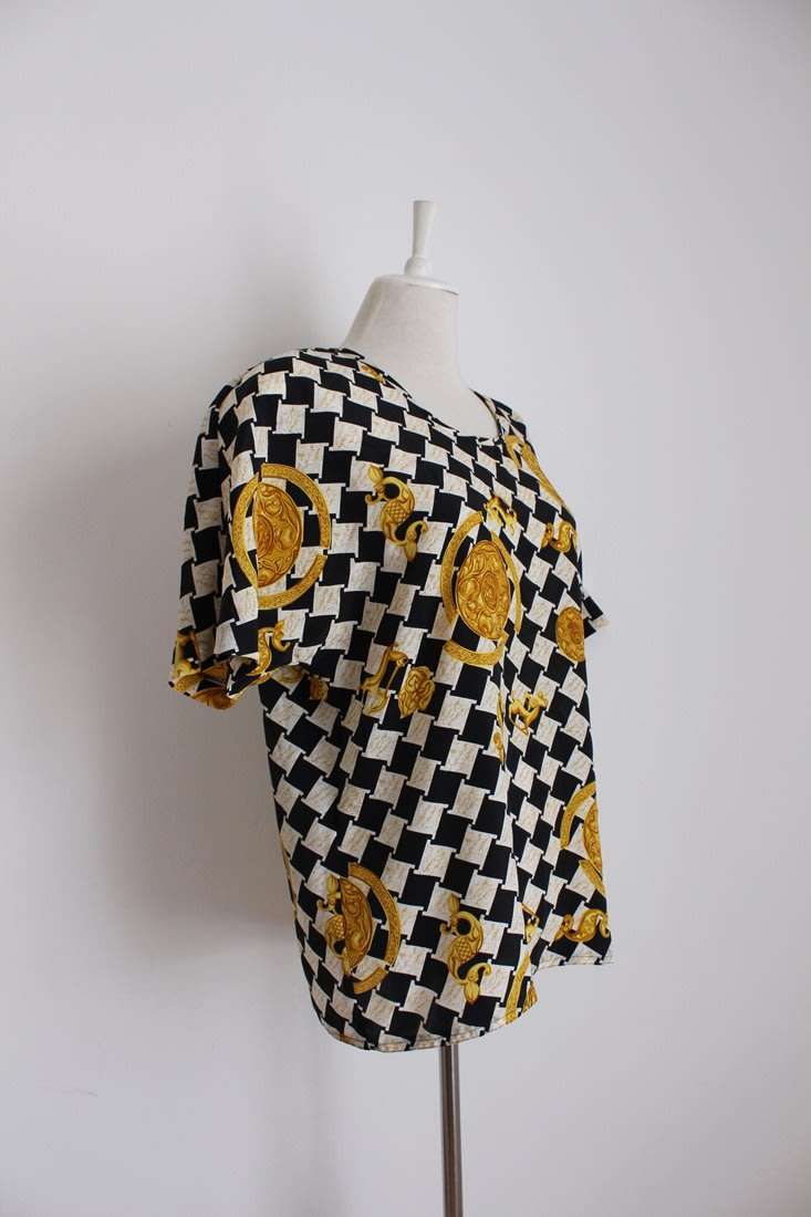 VINTAGE CHECKERED BLACK WHITE GOLD SHIRT TOP BLOUSE - SIZE 14