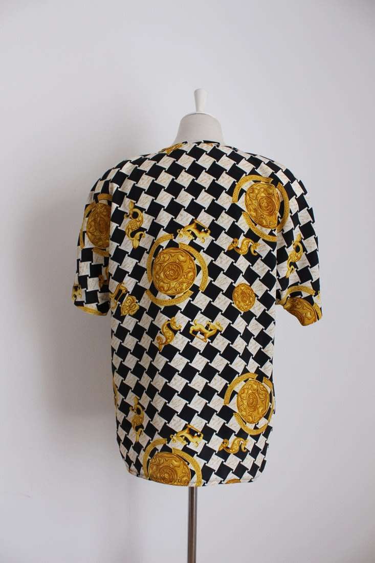 VINTAGE CHECKERED BLACK WHITE GOLD SHIRT TOP BLOUSE - SIZE 14