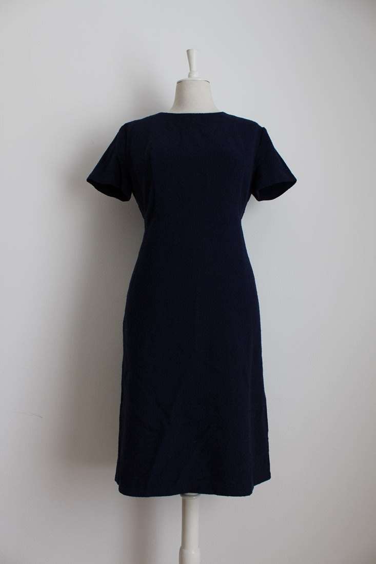 VINTAGE WOOL NAVY BLUE SHIFT DRESS - MADE IN ENGLAND - SIZE 16
