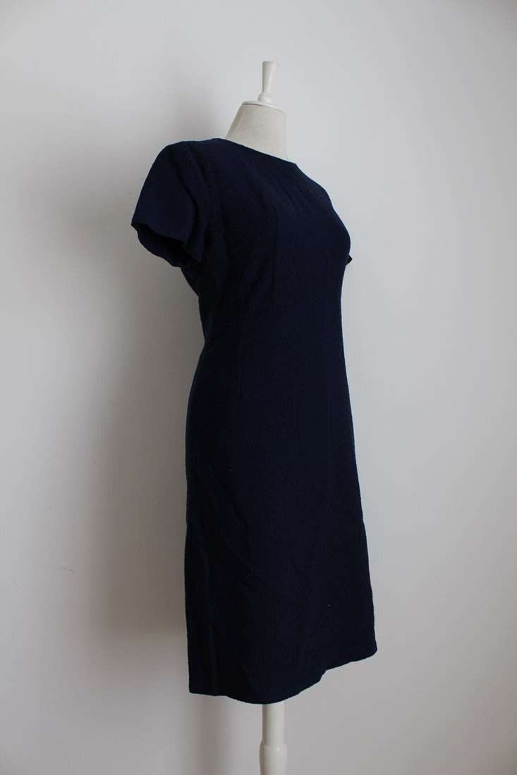 VINTAGE WOOL NAVY BLUE SHIFT DRESS - MADE IN ENGLAND - SIZE 16