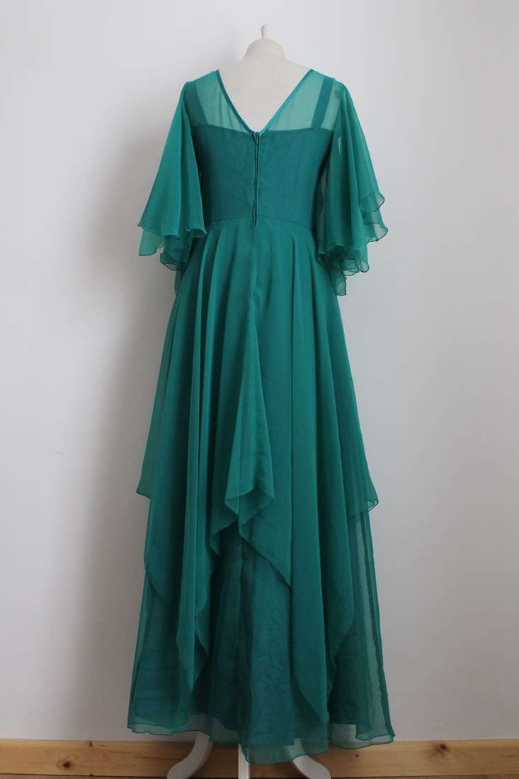 VINTAGE CHIFFON GREEN TIERED FORMAL DRESS GOWN - SIZE 10